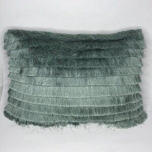 PIER 1 Throw Pillow Sage Green Iridescent 17 x 13 Ruffles Fringes Tassels Modern